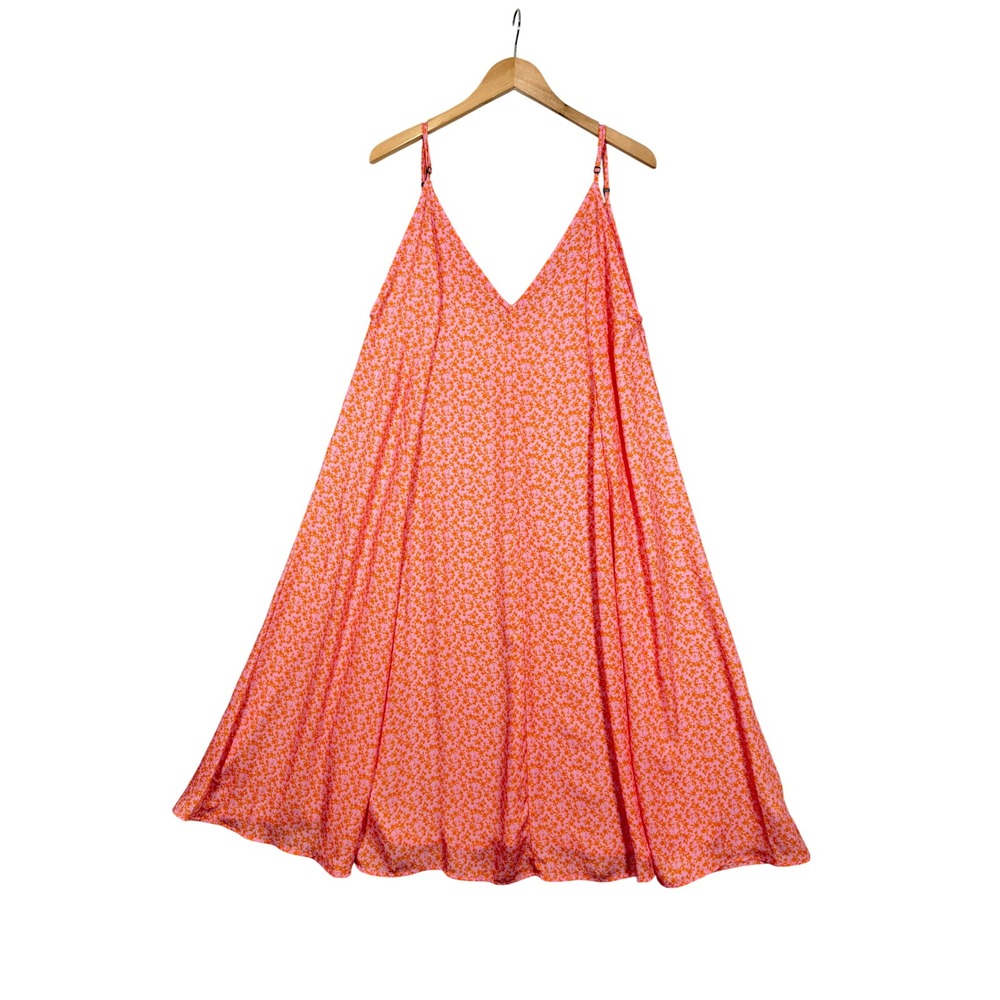 RESA Trapeze Dress Large Pink Orangeโ Floral Slip V-Neck Adjust Straps